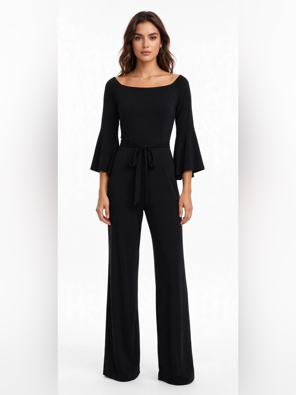 Ralph Lauren Black Boatneck Bell-Sleeve Tie-Waist Jumpsuit